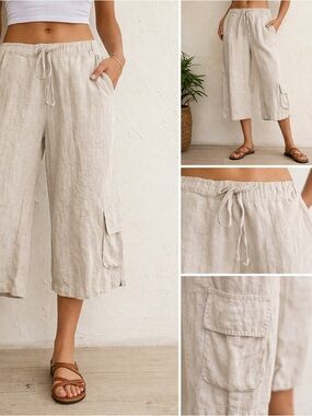 Putumayo Linen Cropped Pants Women’s Size Small Beige Drawstring Casual Boho